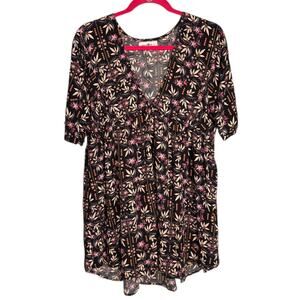 Natural Life Stella Mini Dress Babydoll Floral V Neck Tunic Pockets Boho Black